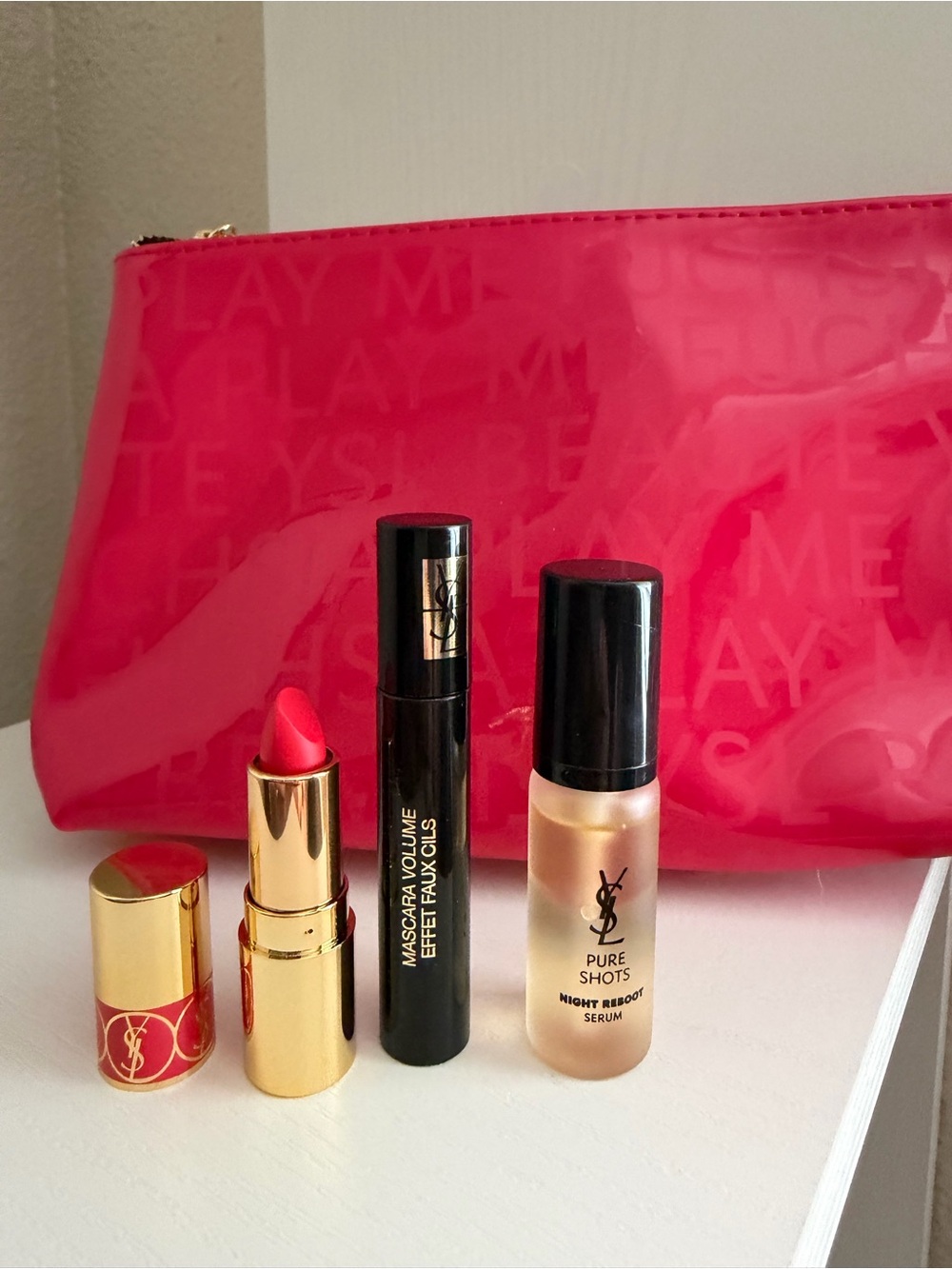 Yves Saint Laurent Bright Pink bag, Lipstick, with Mascara & Serum